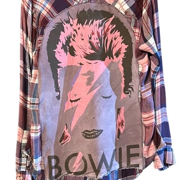 David Bowie on Lucky Brand Flannel Size Medium Upcycled OOAK - Picture 2 of 2